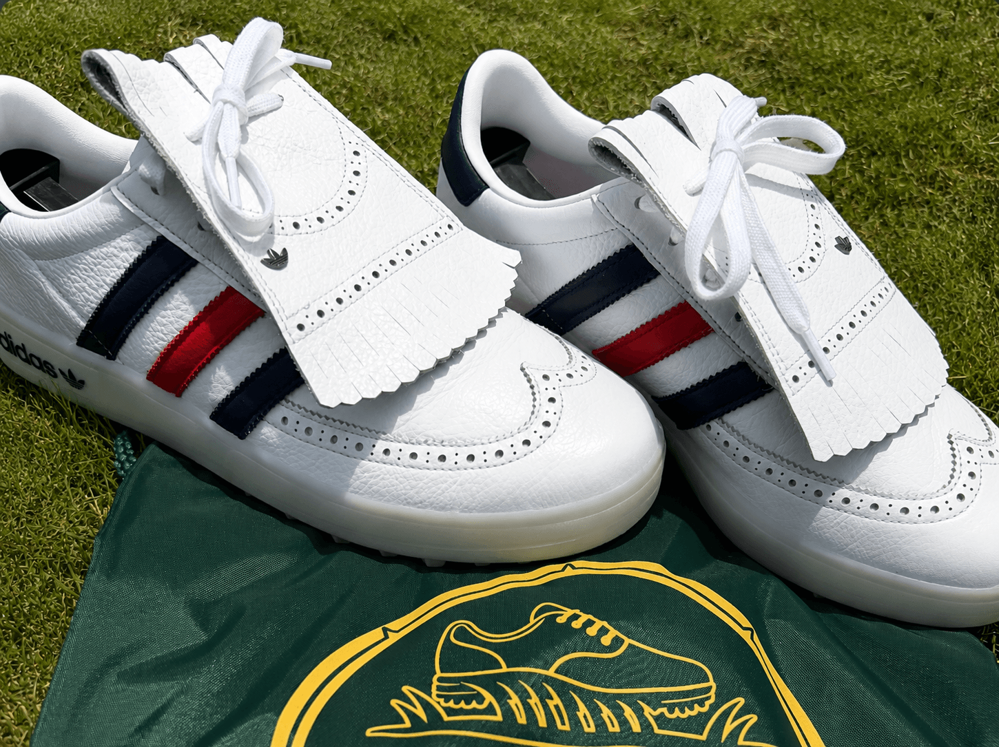 Adidas kiltie, white leather golf shoes, after Fairway Fresh care