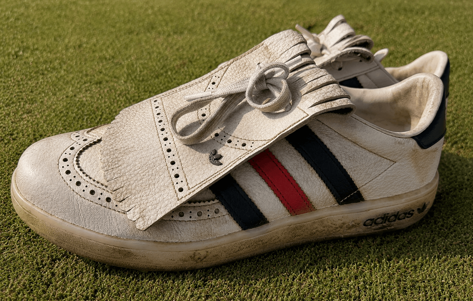 Adidas kiltie, white leather golf shoes, before Fairway Fresh care